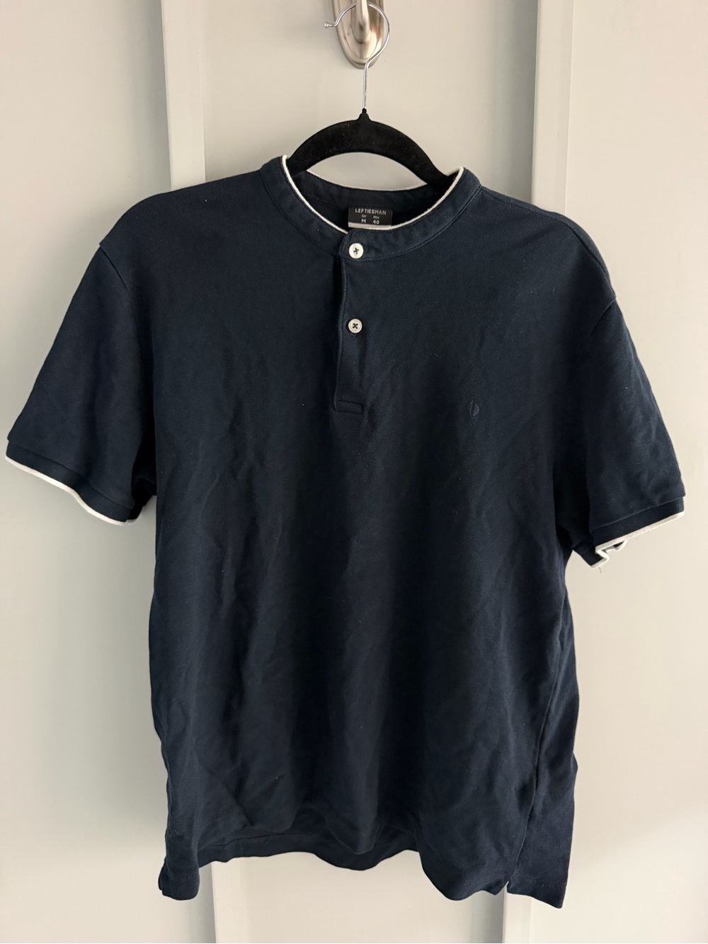 Lefties Man Navy Blue Banded Collar Henley Cotton Polo Shirt M